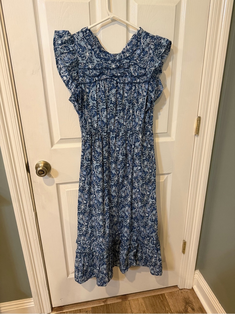 THML Blue Floral Smocked Midi Dress with Ruffle Sleeves